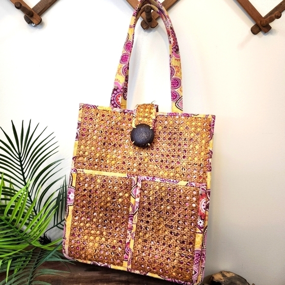 Vera Bradley Handbags - Vera Bradley Tiki Tote With Coconut Shell Clasp Shoulder Bag Pink Yellow Beach
